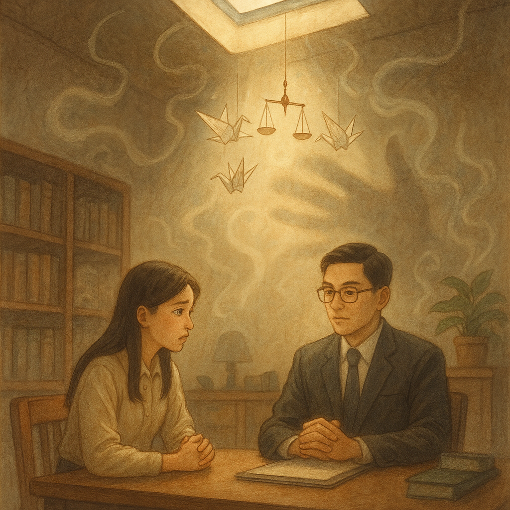 柔和自然光下，手繪質感的台灣辦公室：一名台灣女性員工向沉著律師諮詢。牆面浮現巨大模糊手影與低語煙霧，象徵職場霸凌；天窗灑落微光，紙鶴與小天秤環繞，形成保護傘意象。色調溫暖、吉卜力般奇幻寫實。