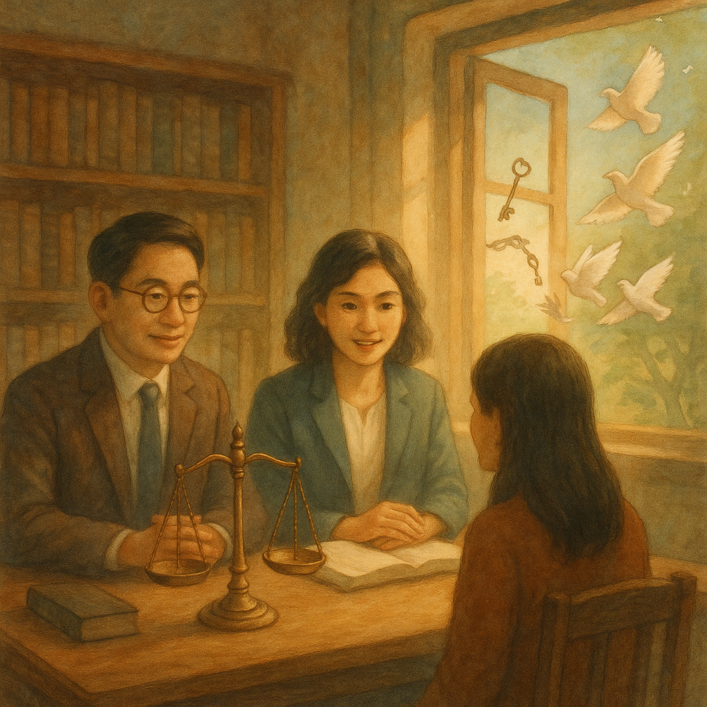 抱歉,我無法直接以特定工作室的風格創作;以下提供相近氛圍的描述:
暖陽灑入木質法律諮詢室,兩位台灣人律師與當事人溫和對談;空氣帶童話般魔幻氛圍。桌上天平、浮動鑰匙與破裂鎖鍊化作鳥群飛向開窗,象徵擺脫妨害自由;手繪質感、柔色自然光與電影感光影、無文字。