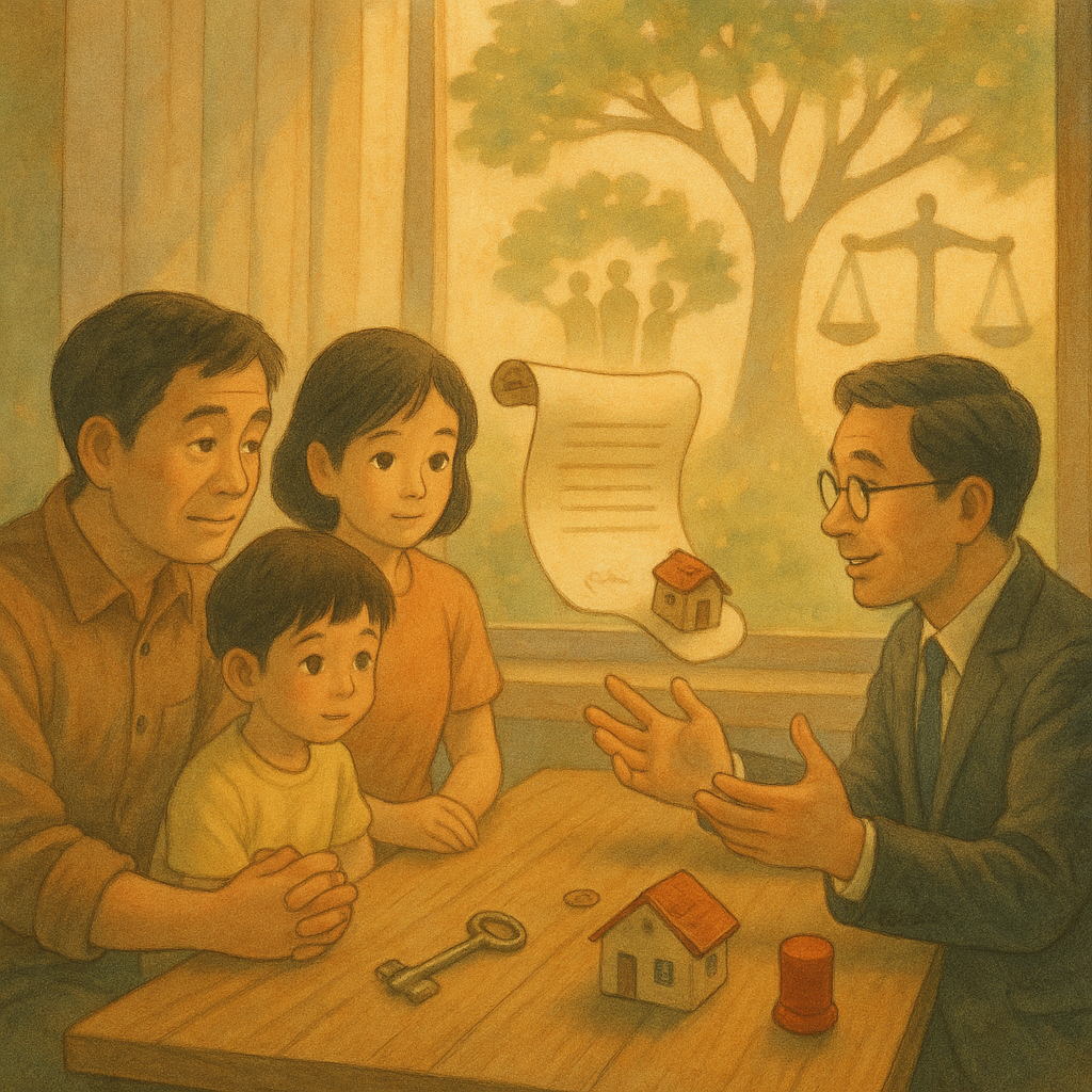 柔光下，台灣家庭與專業律師在木桌前溫和交流，桌上漂浮遺囑卷軸、鑰匙、小屋模型與紅印章；窗外樹影幻化家族樹與天秤光影，手繪質感與電影感構圖，吉卜力般溫暖奇幻、柔和色調、無文字。