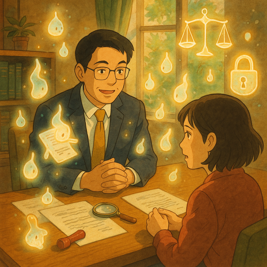吉卜力風格插畫:溫暖自然光中,台灣律師與來訪者在事務所對談,表情細膩,桌面漂浮手繪文件、印章與放大鏡化作柔光精靈,天平與鎖形圖像環繞,揭示偽造文書的檢視與求助氛圍,細節豐富、奇幻而真實,無任何文字。