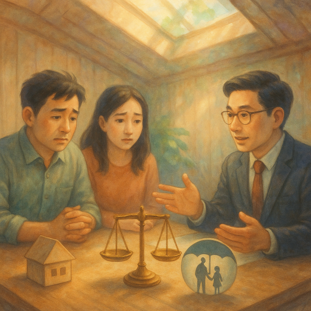 柔光手繪動畫風格中，兩位台灣父母與台灣律師在溫暖木質會議室商談監護權；天窗灑落自然光，柔色調帶輕微奇幻氛圍、人物表情細膩，桌上天平與折紙小房子、交握的親子剪影與守護傘象徵權益平衡，畫面無文字。