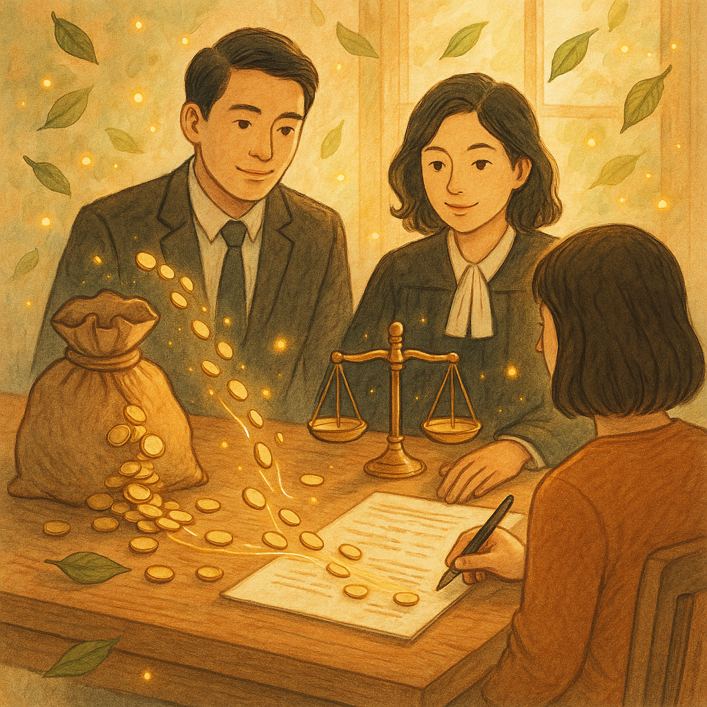 溫柔色調與自然光下,兩位台灣律師在木桌前諮詢當事人;金色硬幣化作微光溪流,從過滿的錢袋回流至天秤與簽署卷宗;周圍漂浮葉片與光點,手繪質感、奇幻而暖心,象徵不當得利與常見疑問的釐清,畫面無文字。