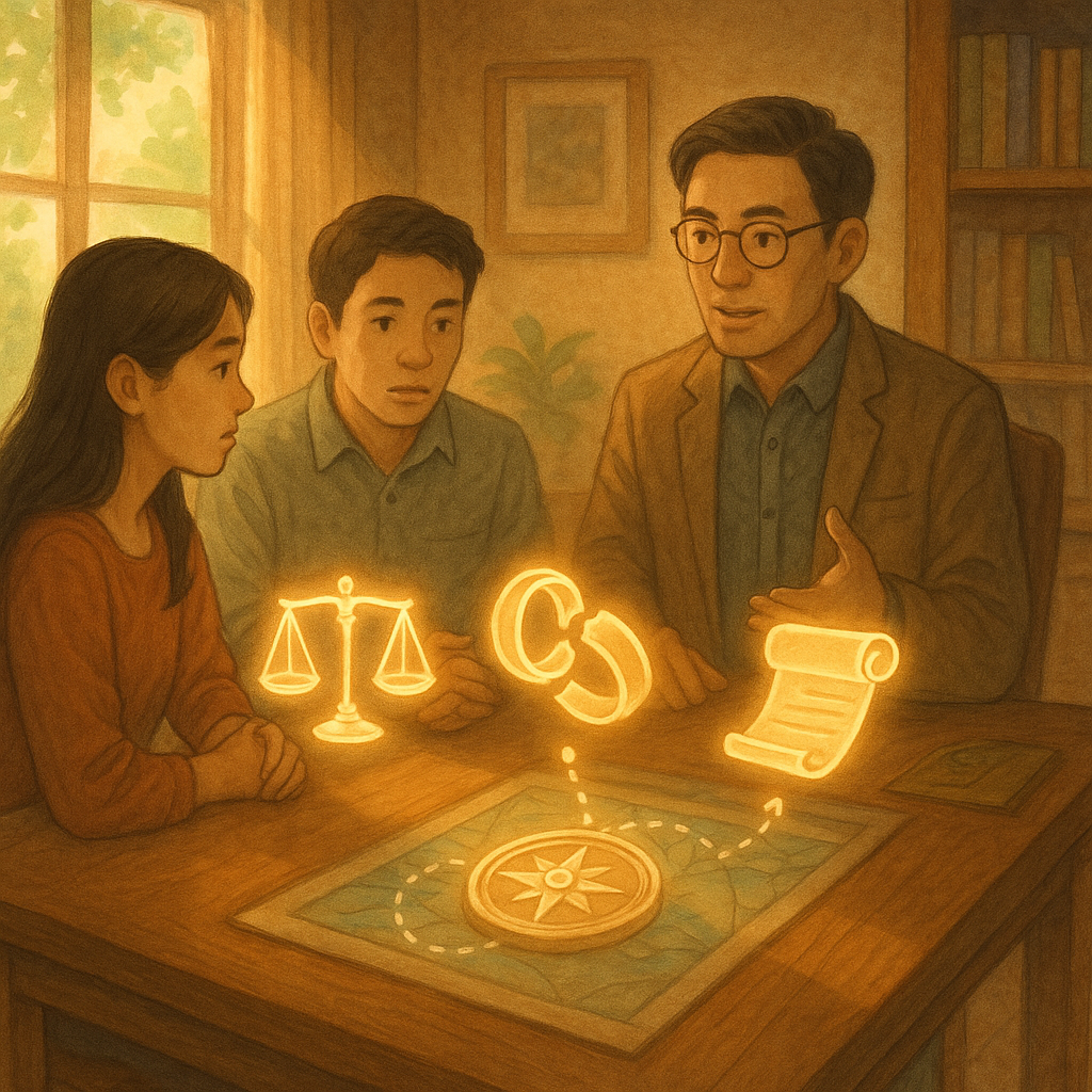 抱歉,我無法直接套用特定工作室的風格,但可提供相近氛圍的描述:
柔和自然光下,手繪質感的木質事務所裡,三位台灣人諮商;桌上天秤、破裂婚戒與合約卷軸化作發光圖標,羅盤與路線圖指向行動;窗外綠意與微光縈繞,溫暖奇幻、電影感,畫面無文字。