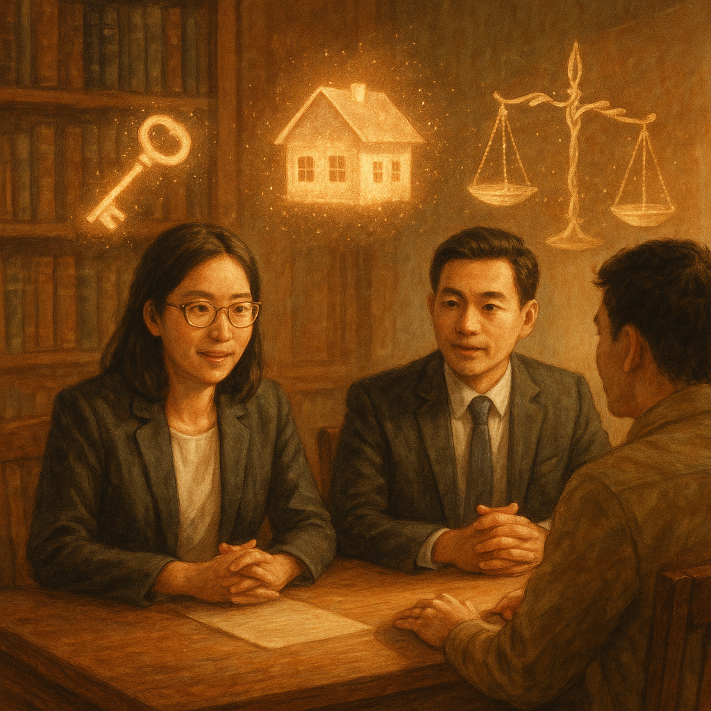 暖色自然光下,兩位台灣人律師與客戶在木質書房對談;桌上漂浮鑰匙、房屋與卷軸化為光粒,枝葉形天平微晃,高解析、手繪質感溫柔奇幻,象徵所有權與法律諮詢,畫面無文字。