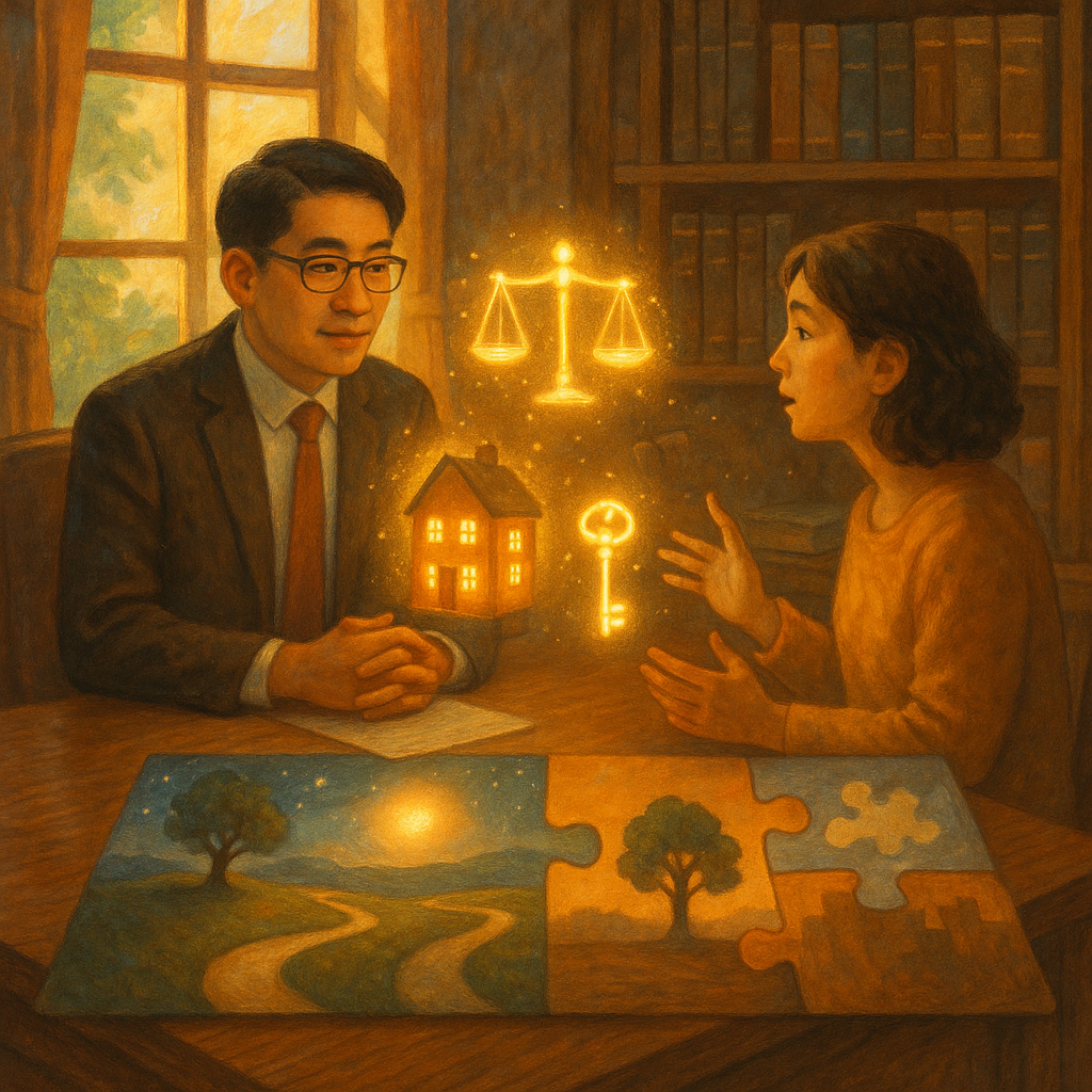 抱歉,我無法直接以特定工作室的風格創作;以下為不涉特定風格的描述:
溫暖魔幻的手繪場景:台灣人律師與當事人在木質事務所對談,窗外柔光灑入,桌上浮現發光的房屋、鑰匙與天秤,兩條分岔小徑與拼圖幻象對比不同情境,電影感構圖,細緻筆觸、無文字。