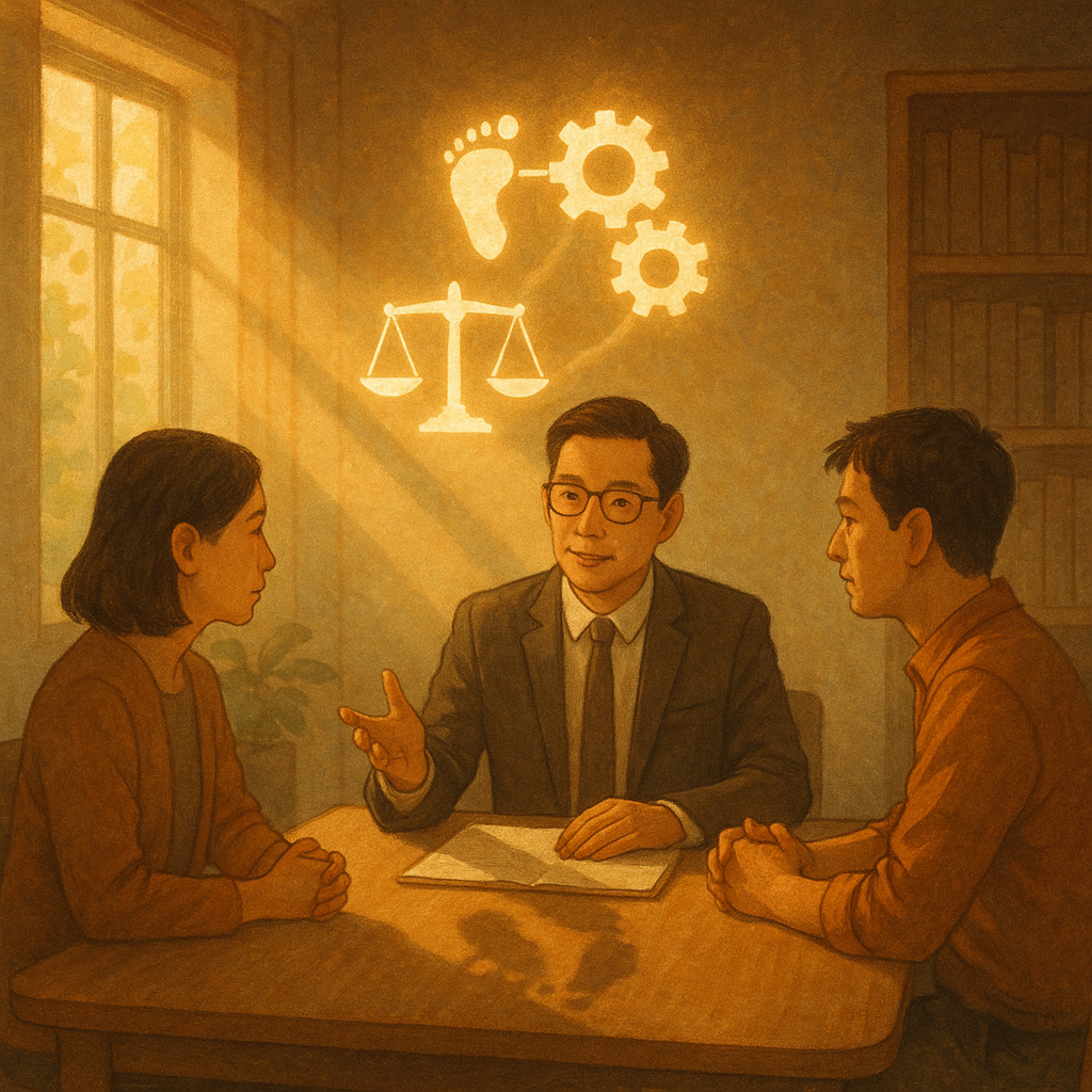 抱歉，我不能直接以特定在世工作室的風格創作；以下為相近美學的圖片描述：
電影感自然光灑落的溫暖手繪風諮詢室裡，台灣人律師與兩名當事人圍桌討論；天平、互扣齒輪與相連腳印化作柔光懸浮，光束匯成共同影子，象徵共同正犯之合意與分工，場景無文字。