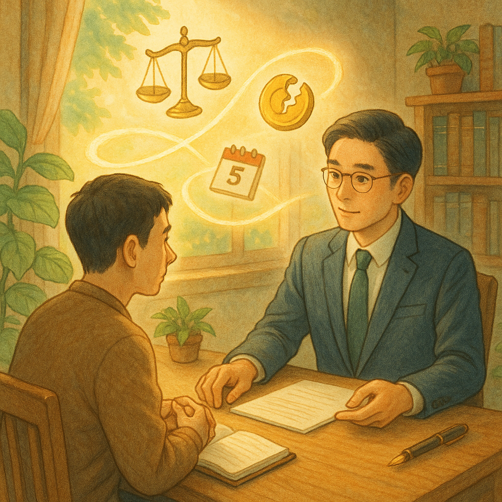 溫潤日光下的手繪律所，台灣律師與當事人對坐諮詢，表情專注而溫和；空中漂浮象徵性的天秤、破裂戒指、硬幣與日曆，化作柔光指引的路徑；木質桌面與植物細節帶吉卜力般奇幻質感，無文字，氛圍溫暖而專業。