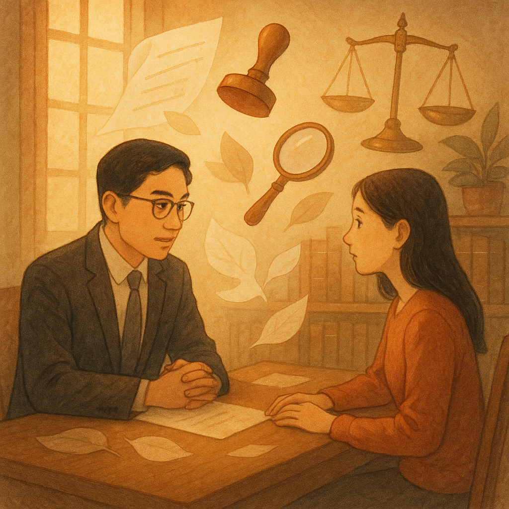溫潤自然光與暖色調下,台灣律師與當事人於木質事務所對坐諮商;桌上文件化作半透明紙葉與飄浮印章,天平與放大鏡若光影符號盤旋,暗示偽造文書風險控管,手繪質感,無文字。