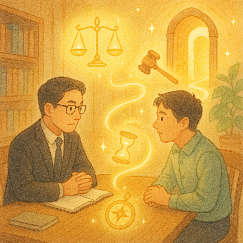 暖陽灑入木質事務所，台灣律師與當事人圍桌商議再審；天光中漂浮天秤、法槌、沙漏與羅盤，化作發光小精靈，指向微啟的法院之門與蜿蜒光路；柔和色彩與手繪紋理，表情專注溫和，無文字。