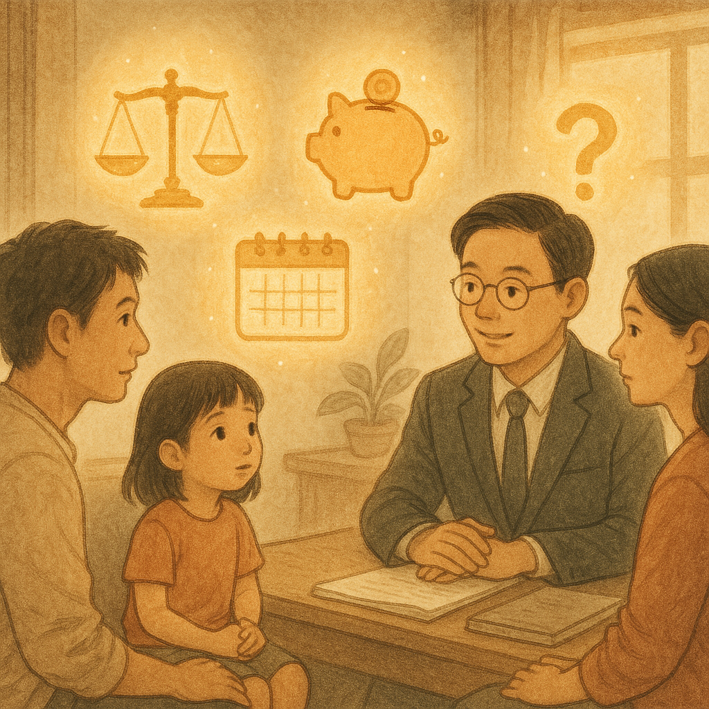 抱歉，我無法直接以特定工作室的風格描述；以下提供相近氛圍的圖像描述：

柔和晨光下，台灣父母與孩童在溫暖法律諮詢室對坐，專業律師溫和傾聽。空中飄浮天平、存錢罐、日曆與問號等發光符號，象徵撫養費與常見問題。手繪質感與自然色調，奇幻寫意、細膩沉浸，畫面無文字。