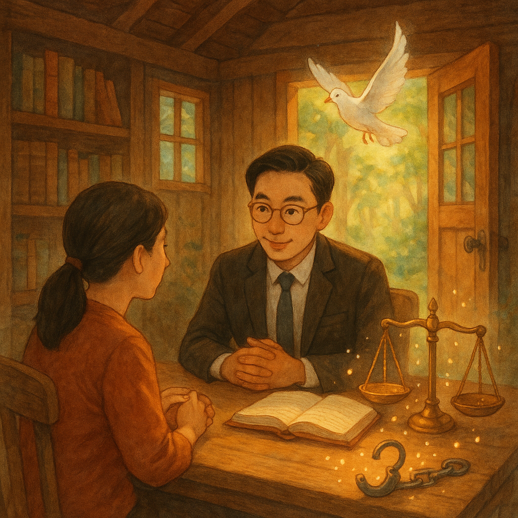 抱歉，我無法直接模仿特定工作室的風格；以下提供相近氛圍的描述：
溫暖奇幻手繪場景：台灣人律師在林間木質小書屋與民眾諮詢，表情細膩，天光柔灑；桌邊天秤與解開的鎖環化作光粒，門戶敞開，白鳥飛出，象徵妨害自由風險與解方。