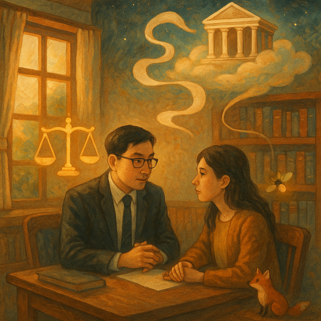 溫暖木質事務所內,台灣律師與當事人低語商議;窗光柔灑,手繪質感。漂浮的天平、化作燈籠的法槌與躍動紙卷指向雲上法院,小狐狸與螢火引路,寓意抗告進程與希望。