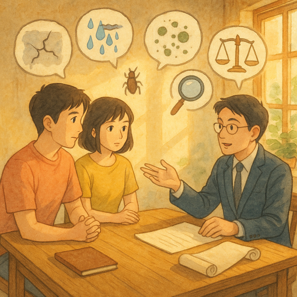 溫暖吉卜力風室內:台灣年輕夫妻與專業律師圍坐木桌,陽光灑入。桌面與空中漂浮手繪圖示:牆裂、滲水、黴斑、白蟻、天平、放大鏡與空白卷軸(無文字),象徵房屋瑕疵與諮詢解惑。柔和色彩、自然光與細膩手繪質感,奇幻而專業。