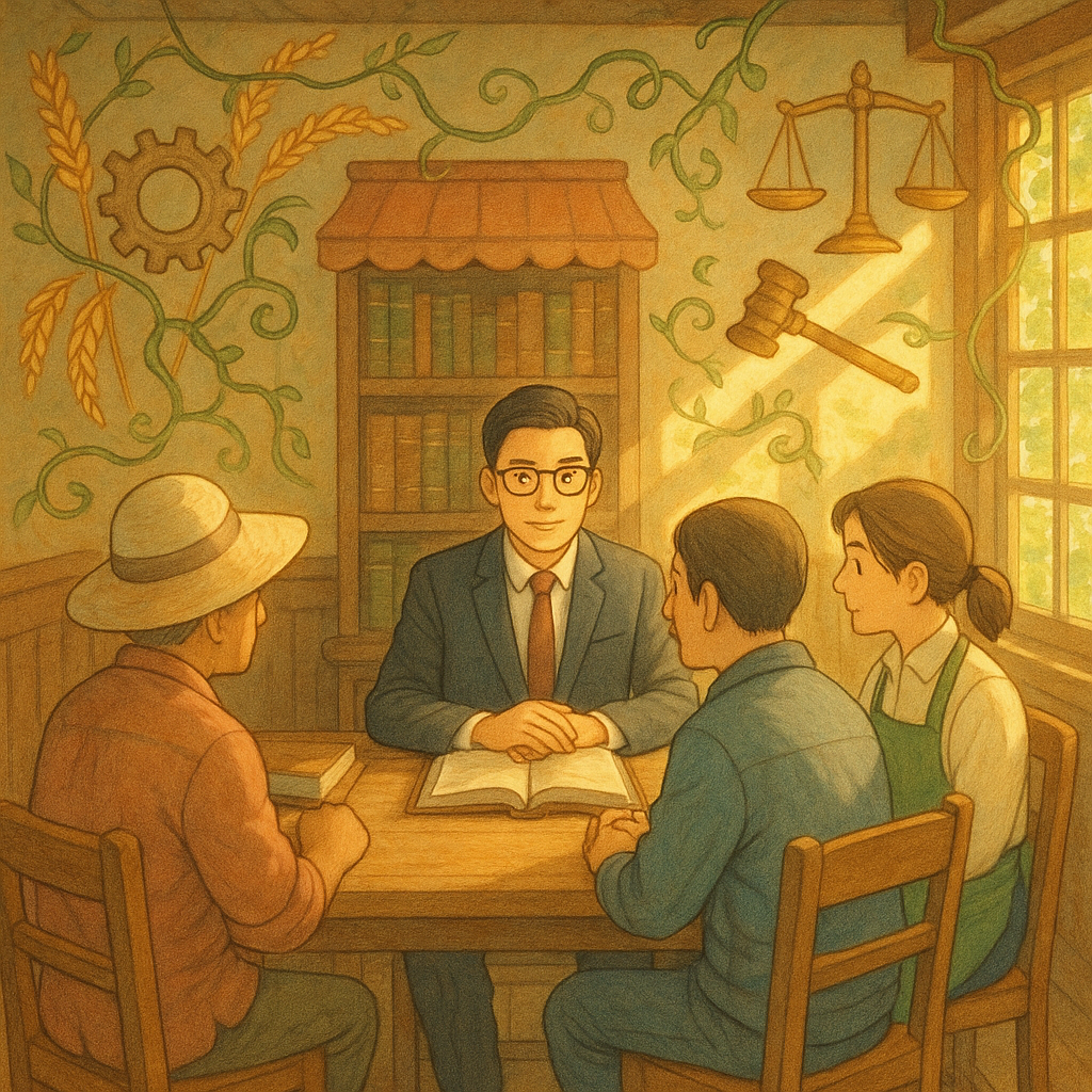 吉卜力風格高質感插畫：陽光灑落的木質事務所內，台灣律師與農夫、店主、工程師圍桌諮詢；四周金色稻穗、齒輪、店鋪遮簷與天平、法槌等光影漂浮，細藤輕繫象徵妨害與解結，柔和色調與手繪紋理營造溫暖奇幻，無文字。