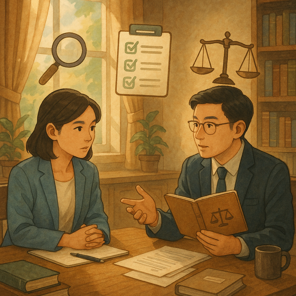 吉卜力風格溫暖辦公室場景：兩位台灣人資與律師在木桌前溝通、神情專注，桌上漂浮象徵的放大鏡、打勾清單、天秤與案例檔案；柔光灑入、手繪質感，細節豐富且沉浸，傳達職場霸凌稽核與諮詢主題，畫面無文字。