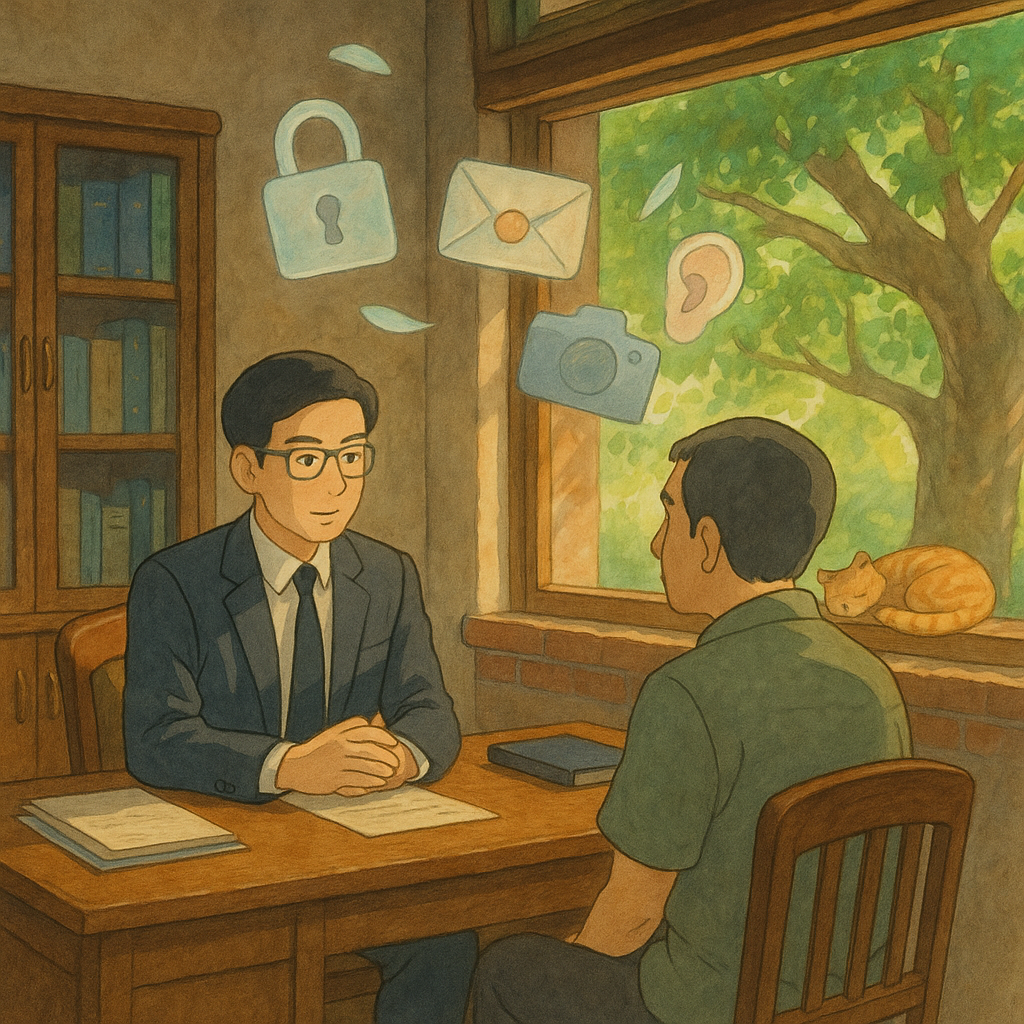 暖陽灑入台灣老屋的法律諮詢室，台灣律師與民眾對坐；高解析度吉卜力風手繪質感裡，半透明鎖頭、封口信、關閉相機與耳朵化作精靈漂浮，象徵妨害秘密。窗外榕樹搖曳、貓蜷睡，色彩柔和、無文字。