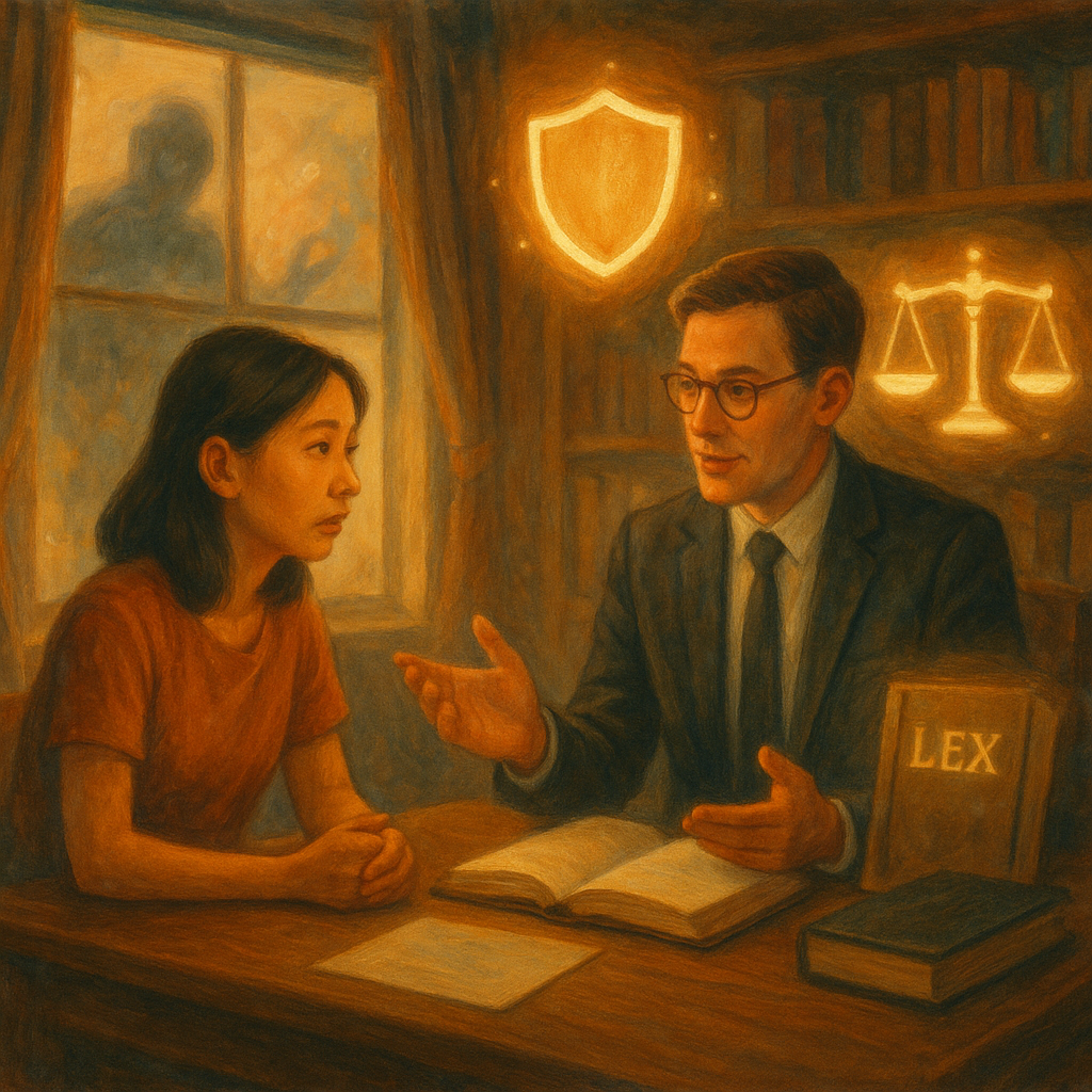 抱歉，我無法直接以特定工作室的風格創作，但可提供相近氛圍的圖像描述：
溫暖自然光下，台灣女子與專業律師於木質書房諮詢；窗外朦朧陰影象徵恐嚇，身旁浮現發光盾牌、天秤與法典等圖示，柔和色彩、電影景深，手繪質感、奇幻暖調，無文字。