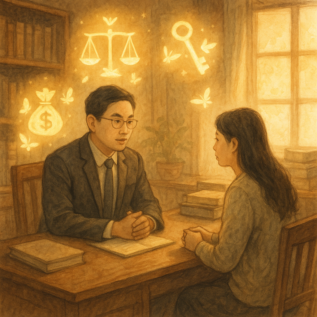 溫暖光影下的木質事務所內,一位台灣律師與當事人對座諮詢;周圍浮現天平、鑰匙、錢袋與卷宗等符號,化作光蝶環繞,象徵侵占罪疑問與解答的諮詢氛圍;手繪質感、柔和色調與自然光,詩意奇幻。