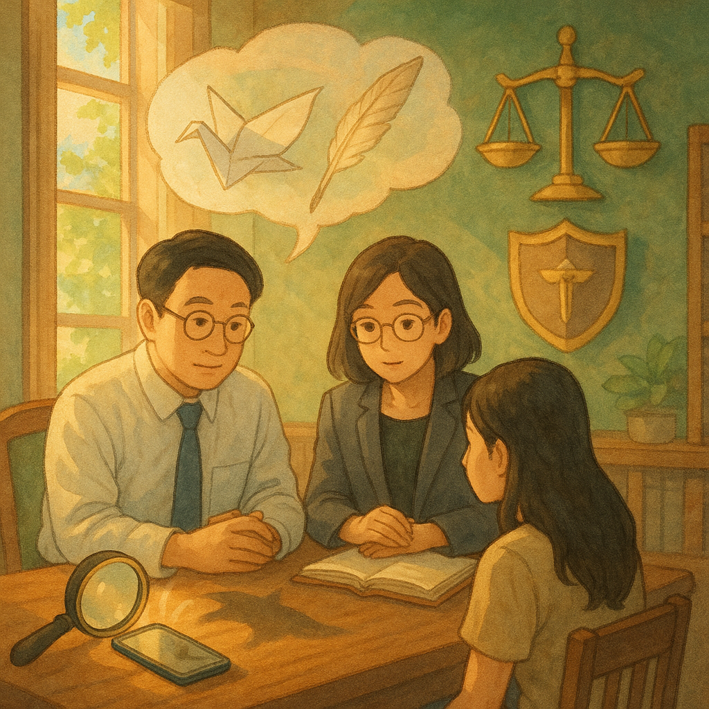 溫暖自然光中的吉卜力風格律師事務所,兩位台灣人律師與當事人低聲諮詢;半透明對話雲化作紙鶴與羽毛筆,飄向天平與盾牌圖騰,旁有放大鏡照亮手機與傳言陰影,手繪質感、柔和色調、魔幻寫實、無文字。