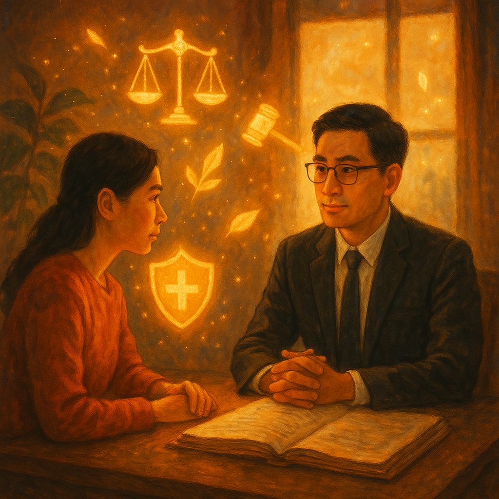 溫暖奇幻、電影感的手繪法律諮詢場景:台灣人律師與當事人對坐,神情專注,桌上卷宗,窗光柔和,周圍漂浮發光的盾牌與天秤、法槌與葉片化作光粒,象徵保護令守護家庭。