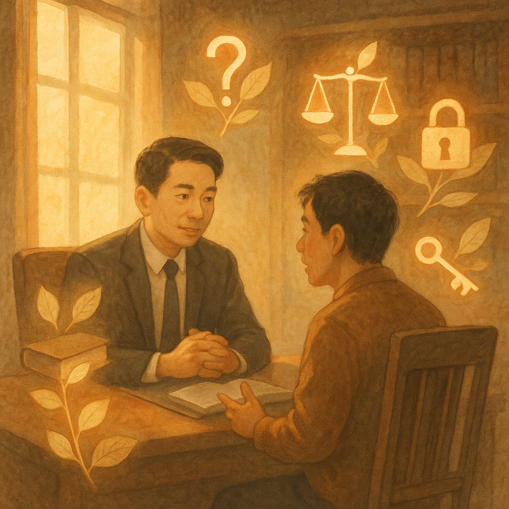 溫暖晨光、電影感構圖的律師事務所，台灣律師與民眾對談；周圍漂浮發光問號、天秤、鎖與鑰匙、保險箱與帳本化為樹葉，象徵侵占罪疑義與解答；柔和色調、手繪質感，無文字。