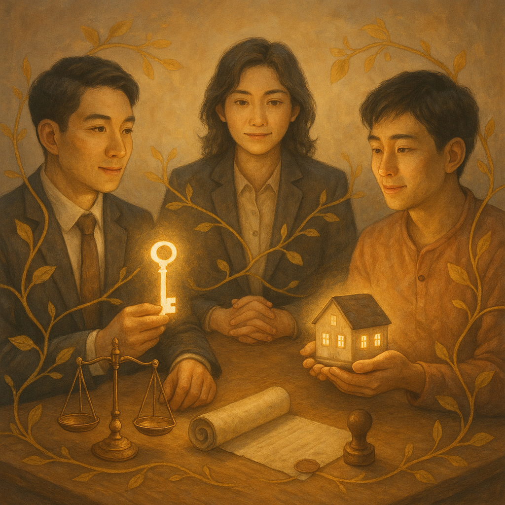 溫暖柔光與柔和配色下,兩位台灣人律師與台灣人當事人圍坐木桌,手握發光鑰匙與微光房屋模型;桌上天平、卷軸與印章環繞,金色藤蔓連結物與人,象徵所有權歸屬;手繪質感,奇幻而寫實、具電影感,畫面無文字。