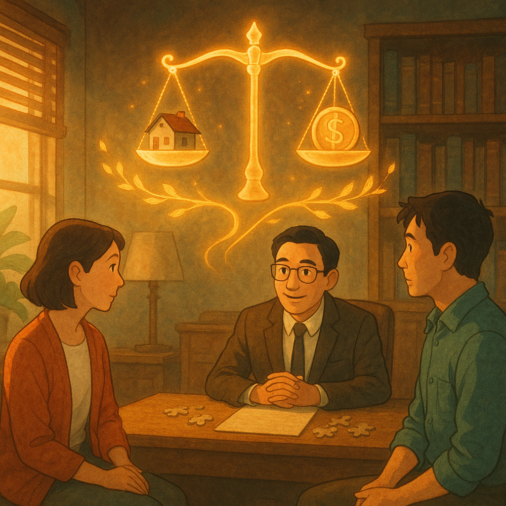 抱歉，我無法直接使用特定工作室的風格；以下是相近的溫暖、電影感手繪動畫風描述：
夕光灑入木質事務所，台灣人律師與夫妻溫和諮詢，桌上有無字卷宗與拼圖碎片；空中漂浮發光的天秤，一端是小屋一端是硬幣，化作兩股金色葉流平衡分岔；柔色手繪紋理與自然光營造溫暖奇幻、電影感場景，無文字。