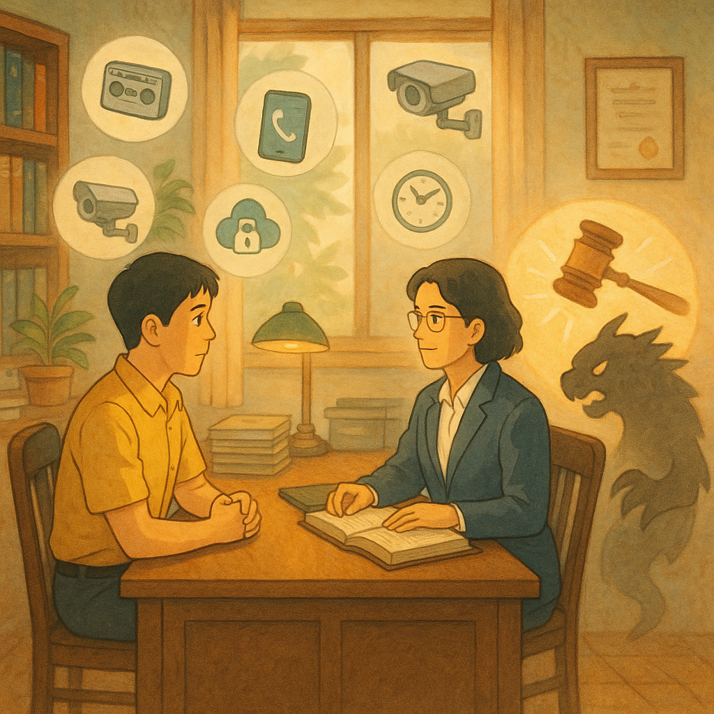 吉卜力風的溫暖辦公室裡，台灣上班族與台灣律師對坐諮詢，柔光灑落，柔和色彩與手繪質感。身旁漂浮無字證據符號：錄音機、手機泡泡、監視器、時間戳、雲端與鎖；職場壓迫陰影化為紙獸，被法槌與天秤光暈驅散。