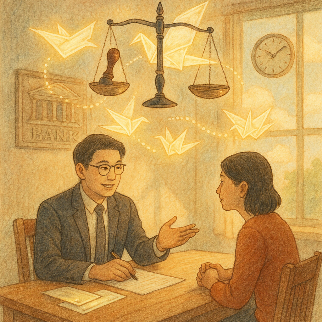 溫暖自然光下,台灣律師與當事人於木桌諮詢;手繪質感、柔和色彩。支票與匯票化作發光紙鶴環繞,鋼筆與印章交織成天秤,銀行浮雕與時鐘微光暗示時效與背書流程,魔幻而沉靜,無文字。