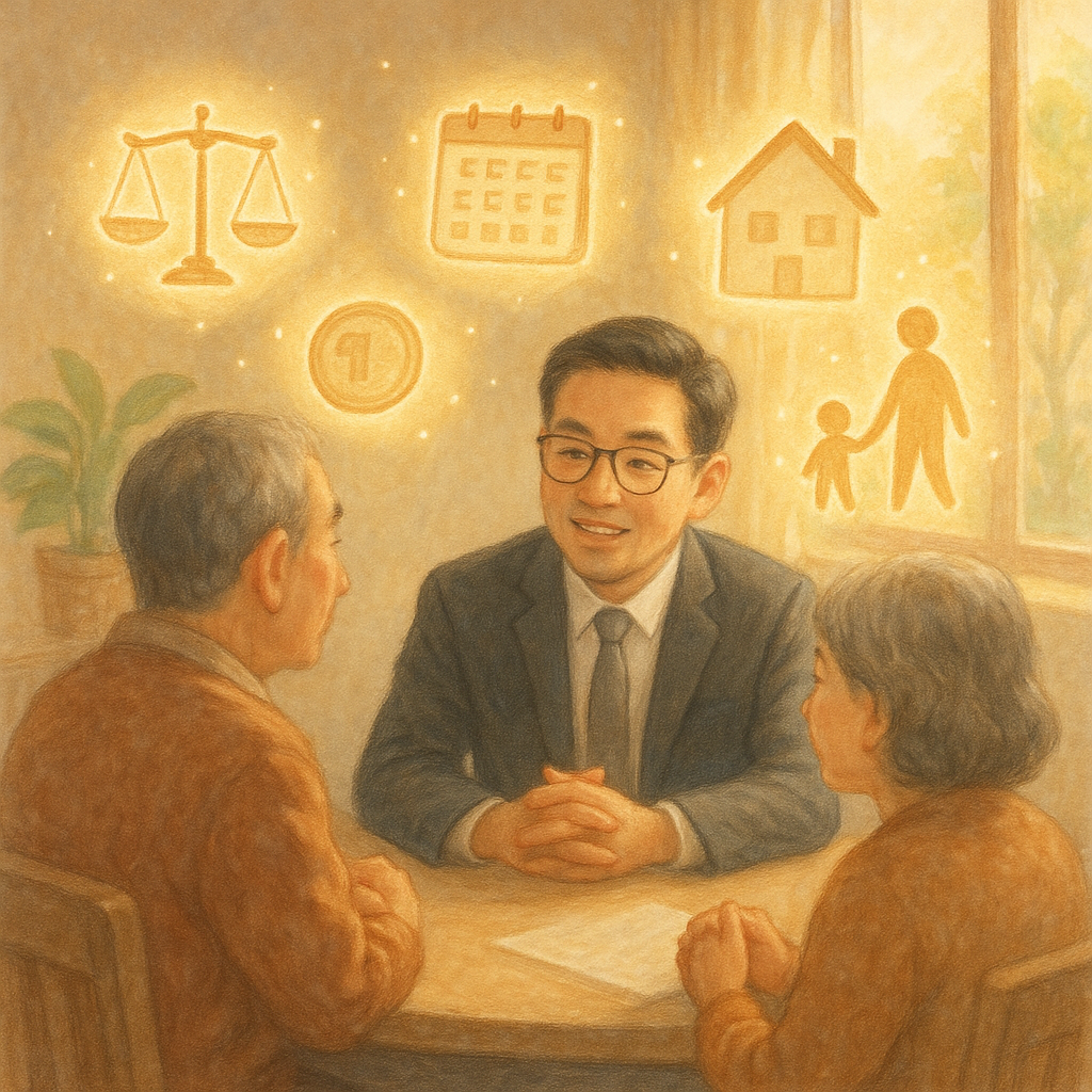 溫暖自然光下的諮詢室裡，一位台灣律師與父母坐談，桌上漂浮如微光精靈的手繪符號：天秤、硬幣、日曆、房屋與牽手孩子。柔和色彩與細膩筆觸，呈現撫養費常見問題的重點與安心氛圍，無文字。