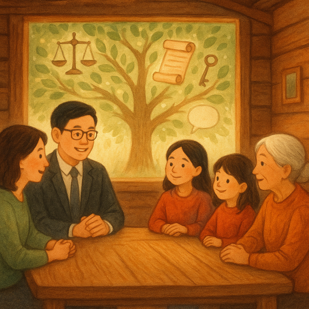 暖光木屋中，兩位台灣人律師與三代家人圍桌諮詢；窗外發光的族譜大樹舒展枝葉，漂浮天秤、遺囑卷軸、鑰匙、小屋與無字對話氣泡如精靈環繞，手繪質感柔和，自然光灑落，畫面無文字。