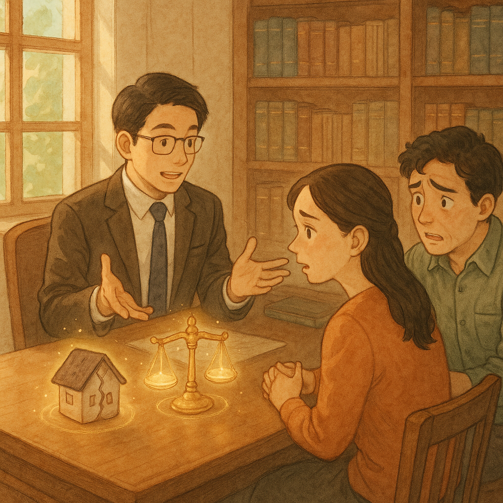 抱歉,我不能直接使用特定工作室的風格;以下提供相近氛圍的描述:
溫柔手繪日系奇幻風,高解析。自然光灑入木質律所,台灣律師與一對台灣夫妻諮詢,表情豐富;桌上象徵破裂的裂紋小屋與天秤流光漂浮,細膩暖色、無文字。