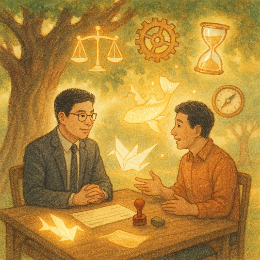 溫暖奇幻手繪風場景，以柔和色調：台灣人律師與企業主在榕樹下諮詢，桌上支票、本票與印章化作發光紙鶴與鯉魚，天光灑落；天平、齒輪與時間沙漏及指南針漂浮，象徵票據法重點整理與實務建議，無文字。