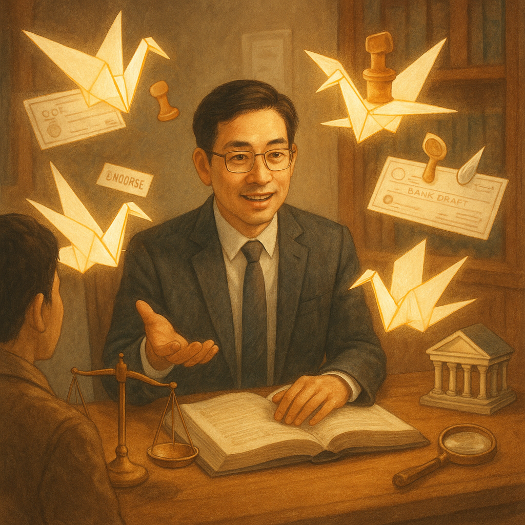 柔和光影與手繪質感下，台灣人律師在溫暖木質事務所為民眾解惑；漂浮的支票、匯票與背書印章化作發光紙鶴環繞，天秤、放大鏡與微型銀行屋交織，帶出票據法常見問題的奇幻諮詢氛圍。