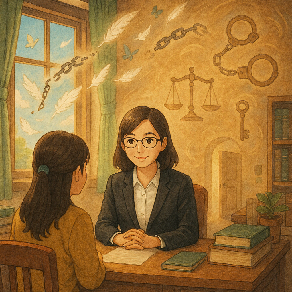 吉卜力風的溫暖律所內,細膩手繪質感,一位台灣女律師與台灣當事人相談;窗光下鎖鏈化作羽毛與蝶飛散,天秤與鑰匙、開啟的門與手銬虛影環繞,象徵妨害自由與解困的法律諮詢。