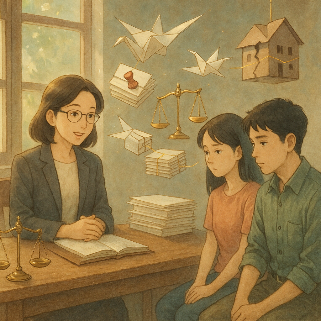 吉卜力風、柔和色調與自然光下的手繪質感，帶微光魔幻感，台灣律師在木桌前溫柔諮詢一對神情疏離的台灣伴侶；漂浮的紙鶴化作卷宗、印章與天秤，斷裂的小屋被金線牽連，象徵規範、流程與文件。