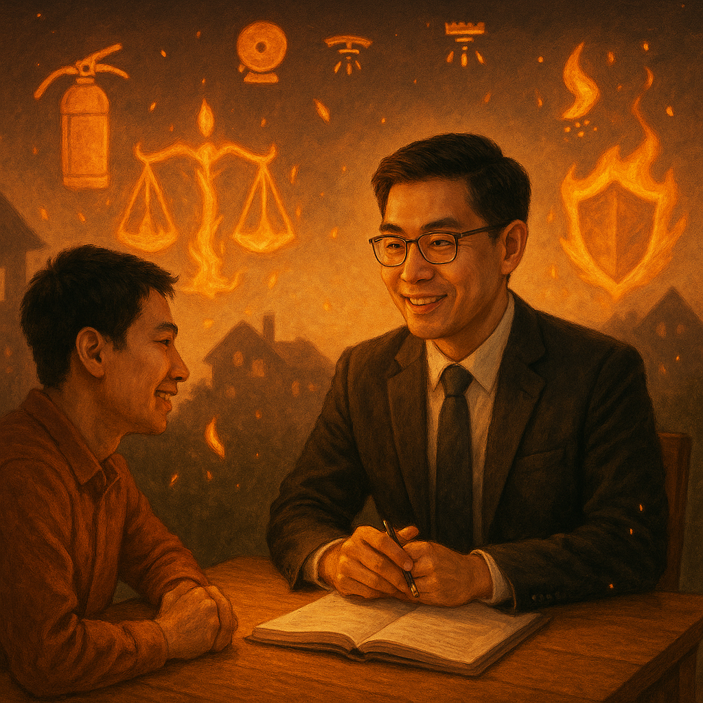 暖色自然光下，台灣人律師與當事人於木桌相談，微笑而專注。火焰精靈化作天秤與盾牌環繞，遠處屋舍剪影柔和不祥；滅火器、警報器與灑水器符號如螢火飄浮，寓意縱火罪爭點與風險控管。