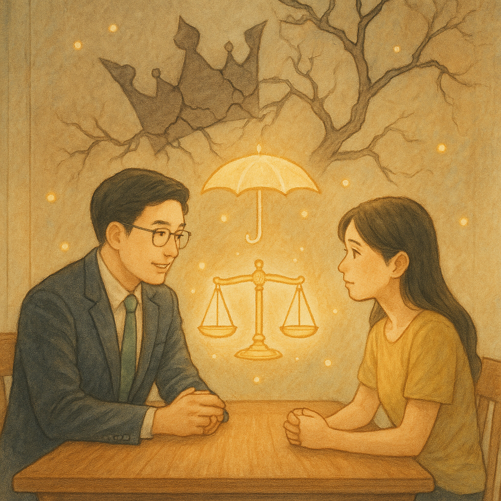 吉卜力風高解析插畫：淡彩、柔和自然光下，台灣律師與當事人對坐相談、表情細膩；木質手繪筆觸溫暖，發光天平與守護傘環繞，周圍細小光球漂浮，牆上巨影化為碎裂王冠與枯藤，寓意權勢壓迫與求助。