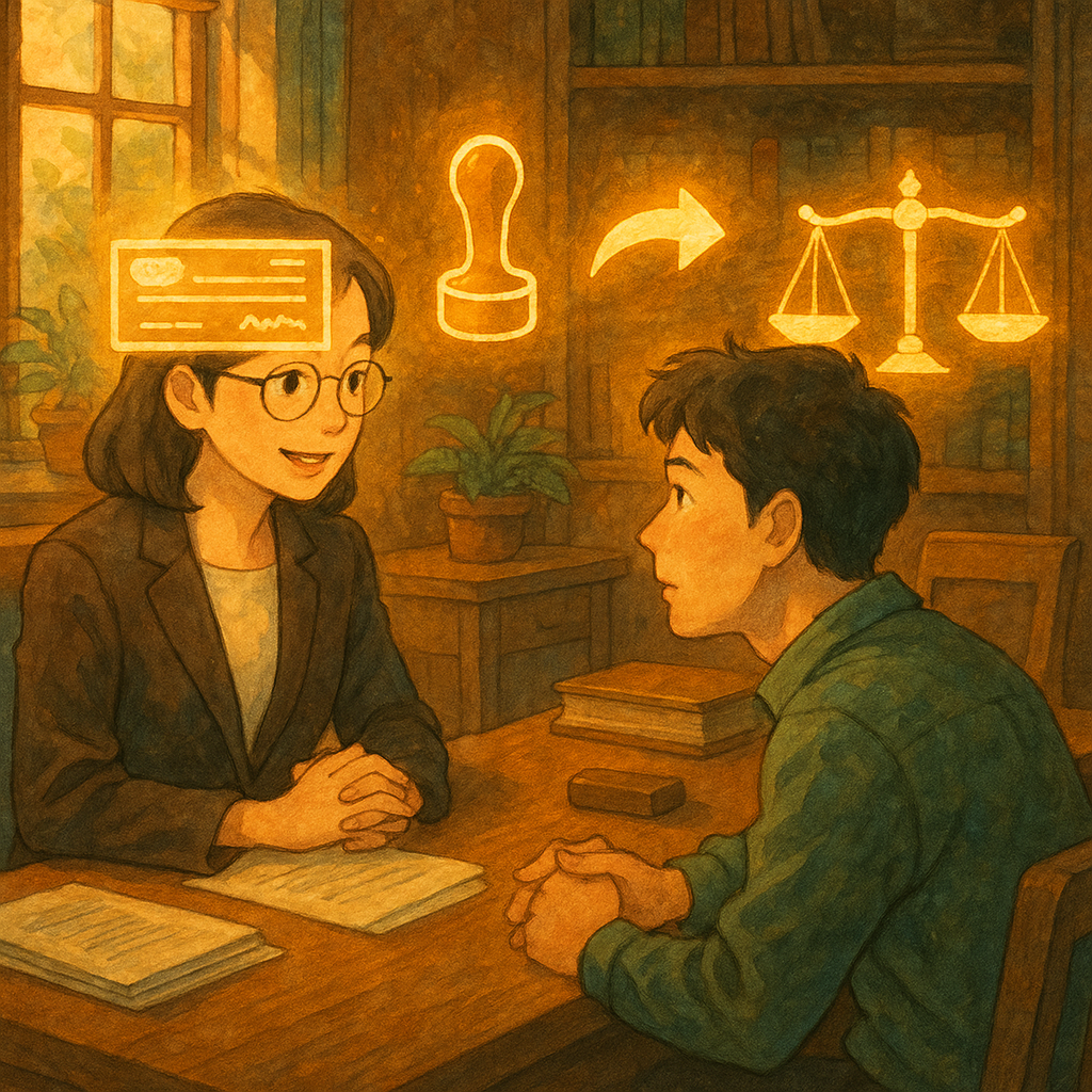 溫暖光線下的木質事務所內，一位台灣女律師與台灣男客戶對談，桌上漂浮發光的支票、印章、背書箭頭與天平等符號，展現票據法流程、取捨與後果；手繪質感、吉卜力式奇幻氛圍，畫面無文字。