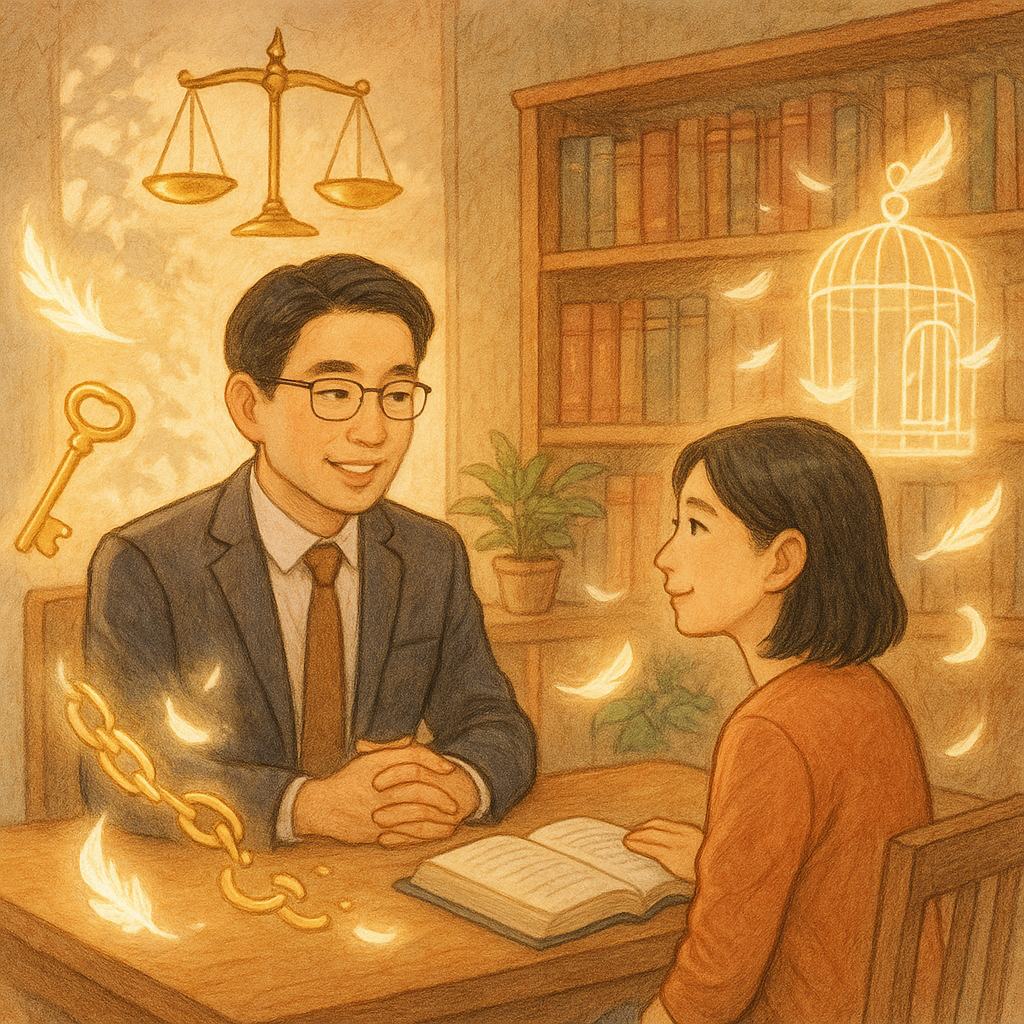 柔和自然光與手繪質感中,台灣律師與當事人於溫暖木質書房對談;金色鑰匙、解開的鎖鏈與半透明鳥籠化成光羽環繞,漂浮天平與樹影營造奇幻、暖心的法律諮詢氛圍。