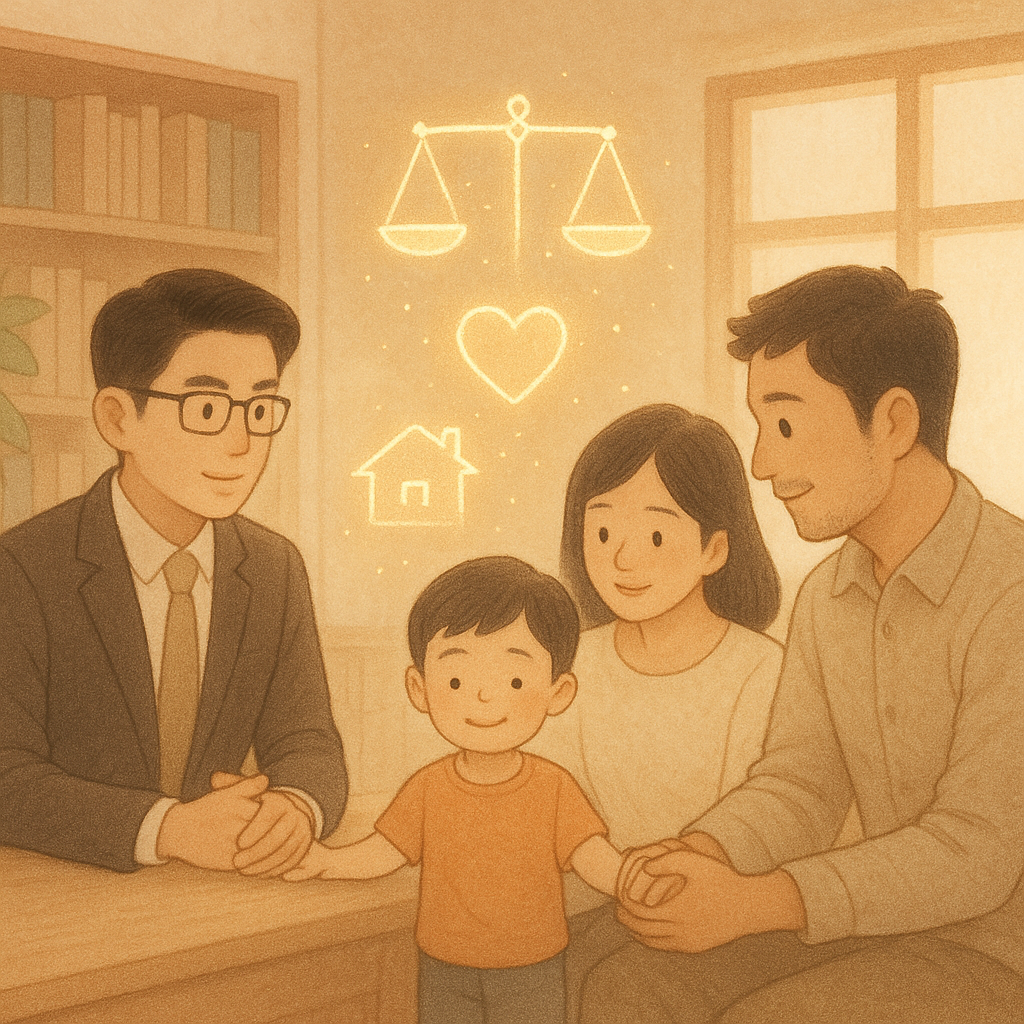 抱歉,我無法直接模仿特定工作室的風格;以下提供相近氛圍的描述:
柔光瀰漫的木質事務所裡,台灣律師陪同台灣父母與孩子圍坐;空中漂浮手繪天秤、家屋與心形光粒,環繞牽手孩童,象徵監護權的平衡與守護;柔和色調、溫暖細膩、無文字。