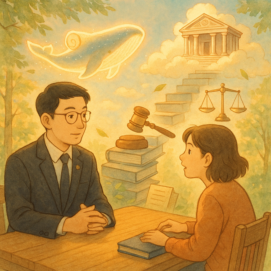 柔和晨光下，台灣律師與當事人在木桌對坐，紙卷與判章化作發光鯨魚游向雲端法院；天平、木槌與檔案沿書階浮起，林間微風拂動手繪質感，以吉卜力般的溫暖奇幻呈現抗告諮詢的常見疑問。