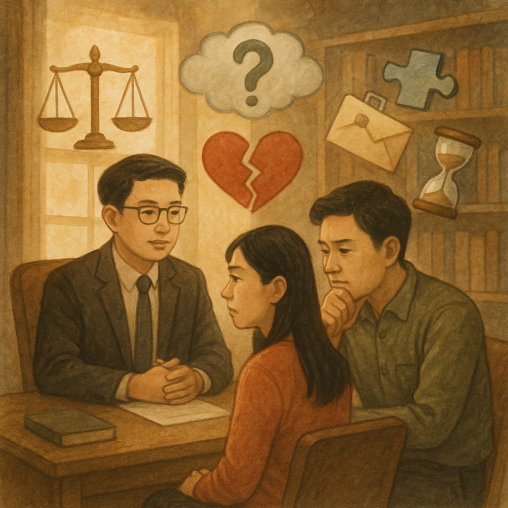 柔和自然光灑入木質事務所，一位台灣人律師與一對台灣人伴侶低聲諮詢；手繪質感與溫暖色調中，天平、拼圖、破裂心形、保密信封、沙漏與疑問雲朵悄然漂浮，象徵婚外情常見問題與法律解析，整體具電影感，奇幻且沉靜。