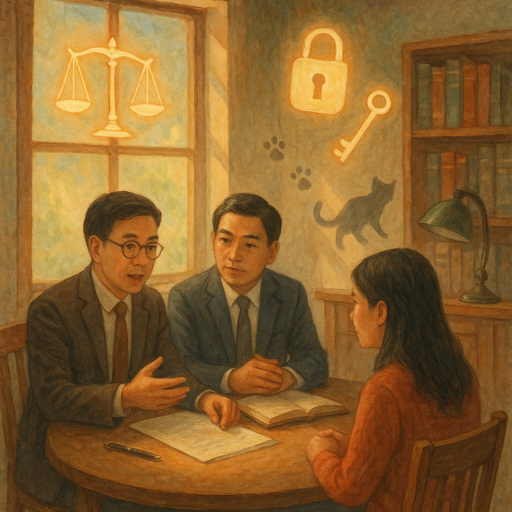 溫暖自然光下的手繪律師事務所，兩位台灣人律師與當事人圍桌討論；窗邊漂浮發光的天秤、鎖與鑰匙、輕盈腳印與影子貓象徵竊盜。柔和色彩、細膩筆觸、無文字，氛圍奇幻而寫實。