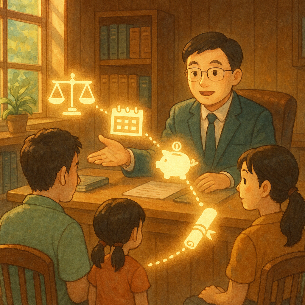 吉卜力式溫暖場景：自然光灑落的木質事務所內，台灣人律師柔和指引一對父母與孩子。漂浮的天秤、日曆、存錢筒與捲軸合約化作發光符號，連成前行的路徑，象徵撫養費結論與行動步驟。高解析度、手繪質感、無文字。