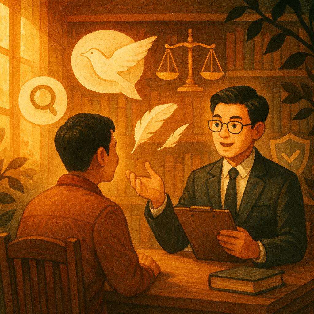 暖色手繪場景中,一位台灣律師與台灣客戶在木質書屋諮詢;天光灑落,無字對話泡泡化作紙鳥與羽毛筆,天秤、放大鏡與盾牌漂浮其間,陰影藤蔓象徵毀謗風險,寫意童話般電影感。