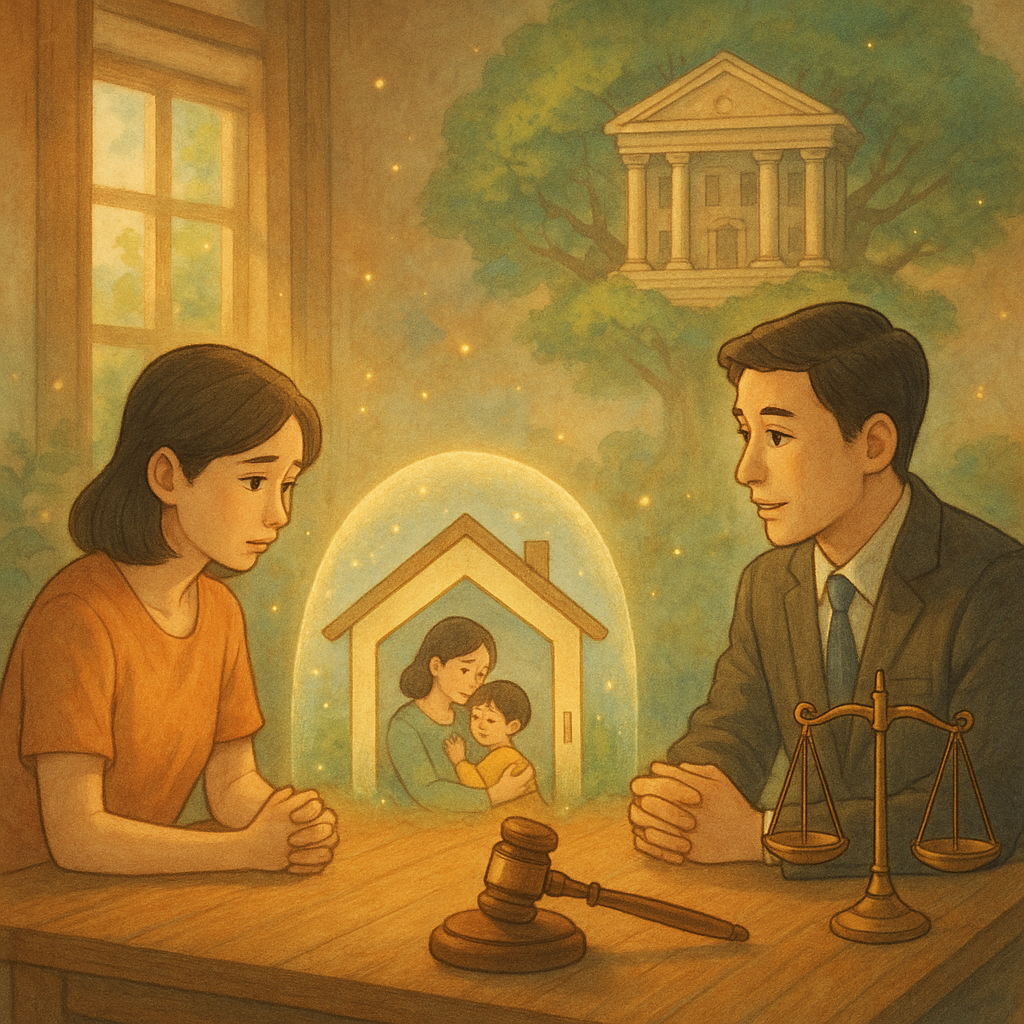 溫暖奇幻、電影感的日式手繪動畫場景：台灣女性與律師表情細膩，在木桌前諮詢，微光漂浮。透明護盾守護母子與家屋，法槌與天秤相伴，遠處法院化作守護樹；柔和色彩、自然光、細膩質感，無文字。