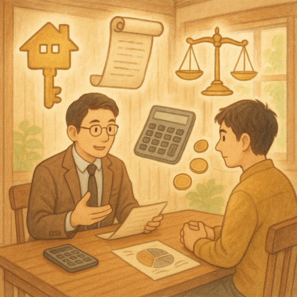 溫暖日系奇幻手繪風：台灣專業顧問與屋主在木質事務所討論所有權與節稅，自然柔光中漂浮房屋鑰匙、地契卷軸、公正天秤、計算機與硬幣圓餅圖，細節豐富、無文字。