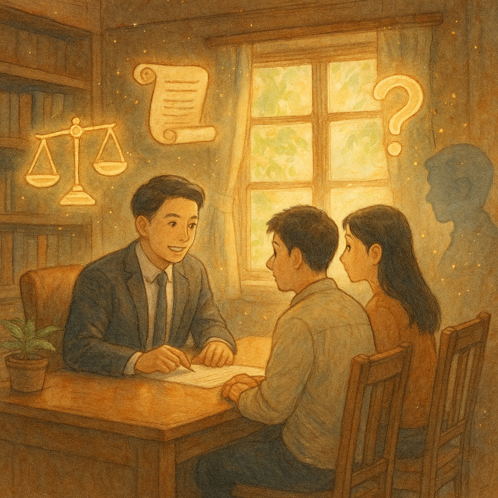 溫暖木質事務所中,台灣律師與一對台灣民眾諮詢,窗外柔光灑落。身旁漂浮手繪天平、契約卷軸、盾牌與問號光點,一個半透明第三者剪影在旁觀察。魔幻微塵環繞,無文字,吉卜力式柔彩與細膩筆觸。