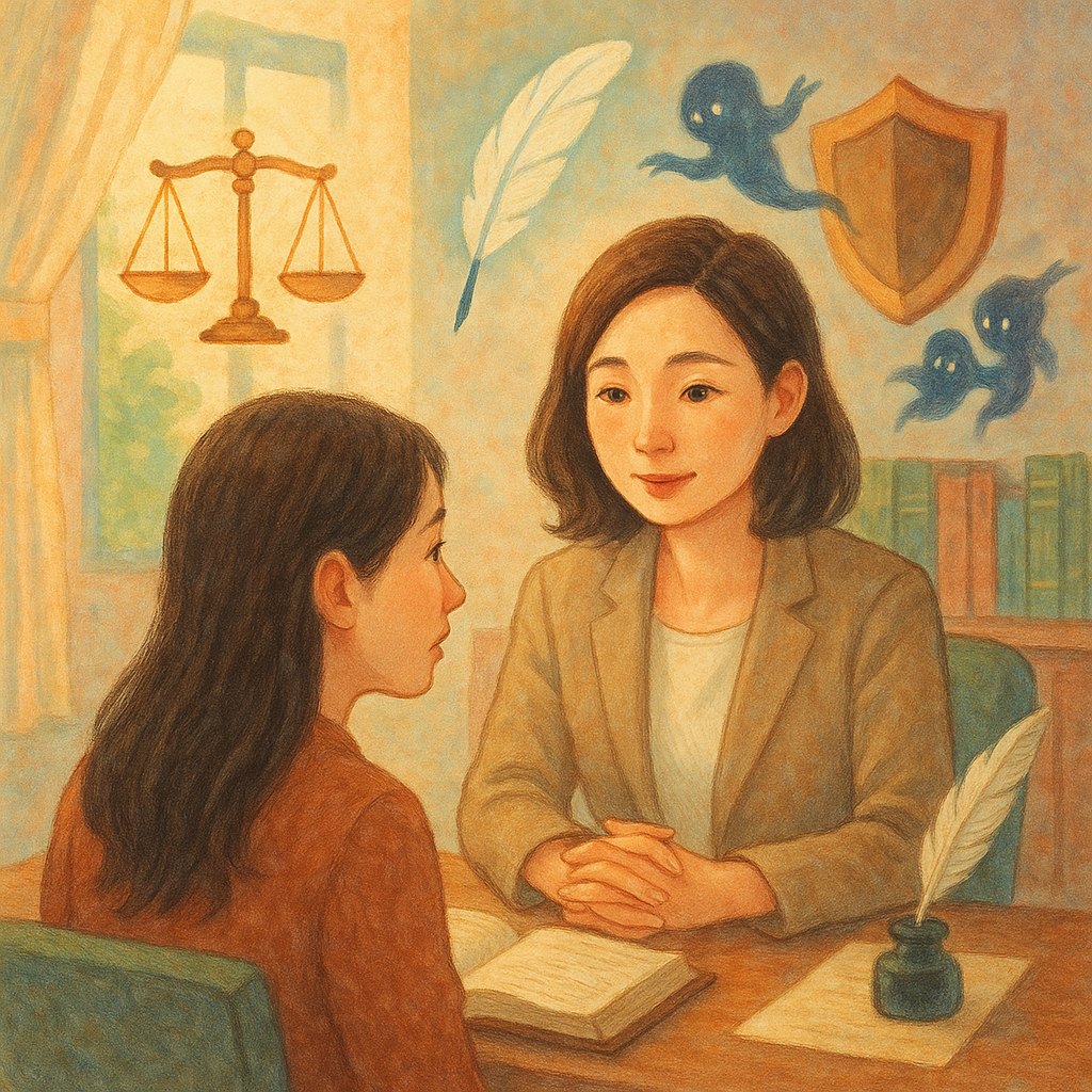 溫柔奇幻、柔和色彩與手繪質感的溫暖事務所內,一位台灣律師與當事人對談、神情細膩;窗光灑落,天平、羽毛筆、盾牌與呢喃黑影化作小精靈在空中環繞,象徵妨害名譽與法律諮詢的守護。